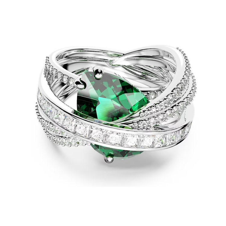 (Women) Swarovski  Green Curved Design Rhodium-Plated Ring. 5666957