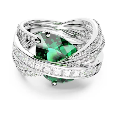 (Women) Swarovski Green Curved Design Rhodium-Plated Ring. 5666957