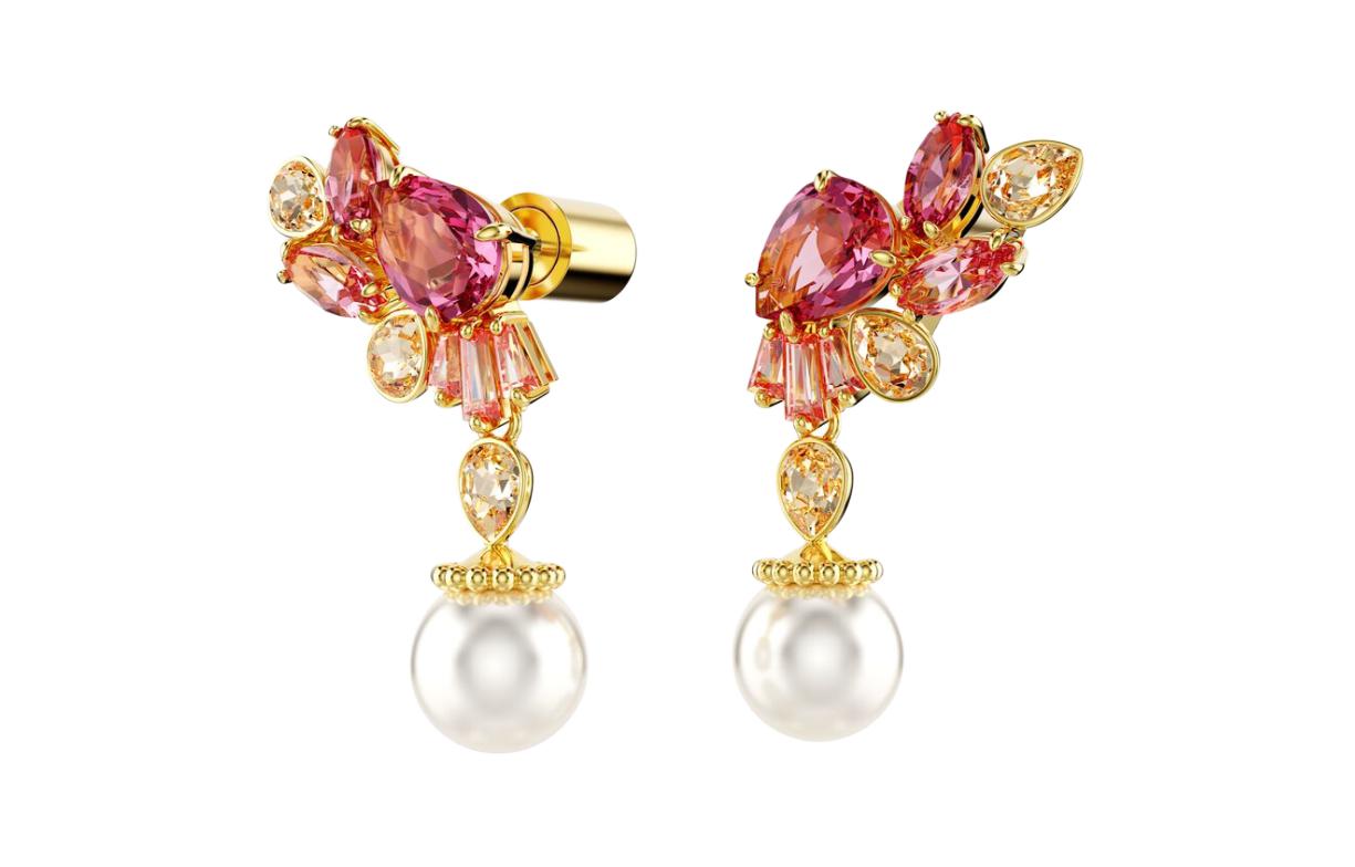 (Women) Swarovski  Red Crystal Pearl Zirconia Gold-Plated Earrings. 5688486