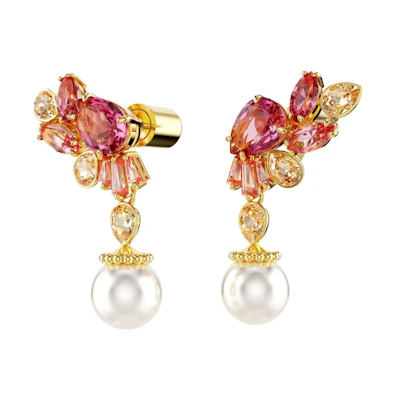 (Women) Swarovski Red Crystal Pearl Zirconia Gold-Plated Earrings. 5688486