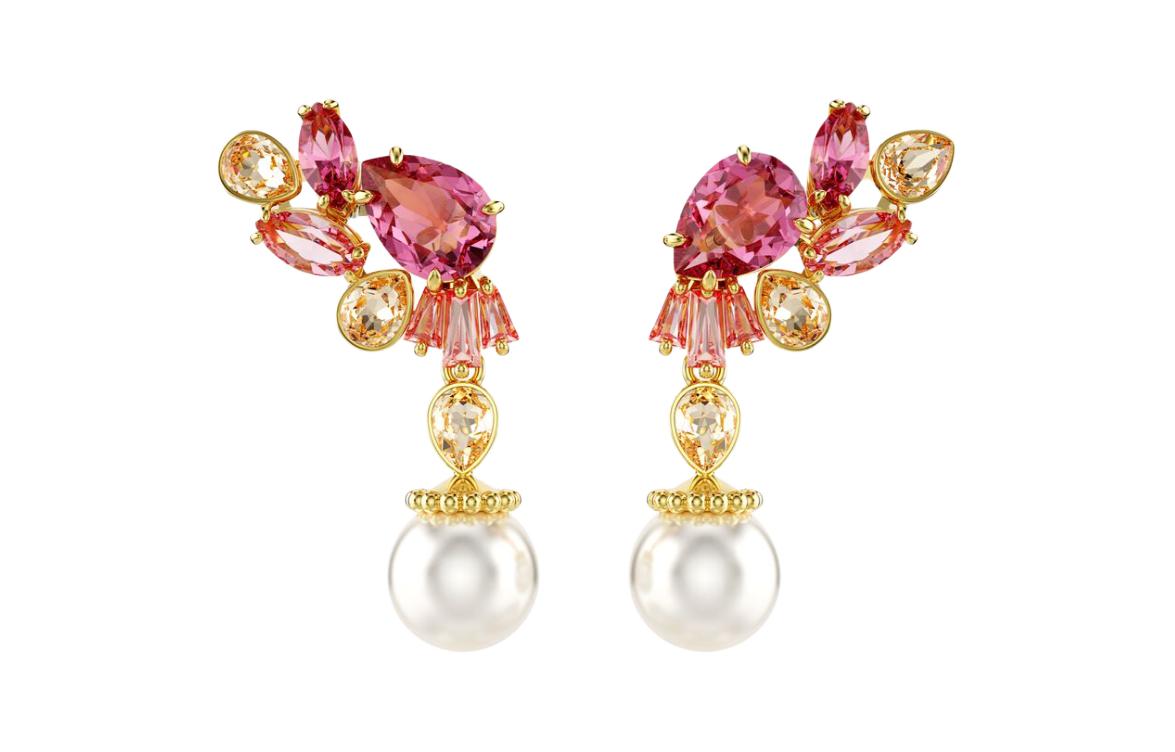 (Women) Swarovski  Red Crystal Pearl Zirconia Gold-Plated Earrings. 5688486 圖 3