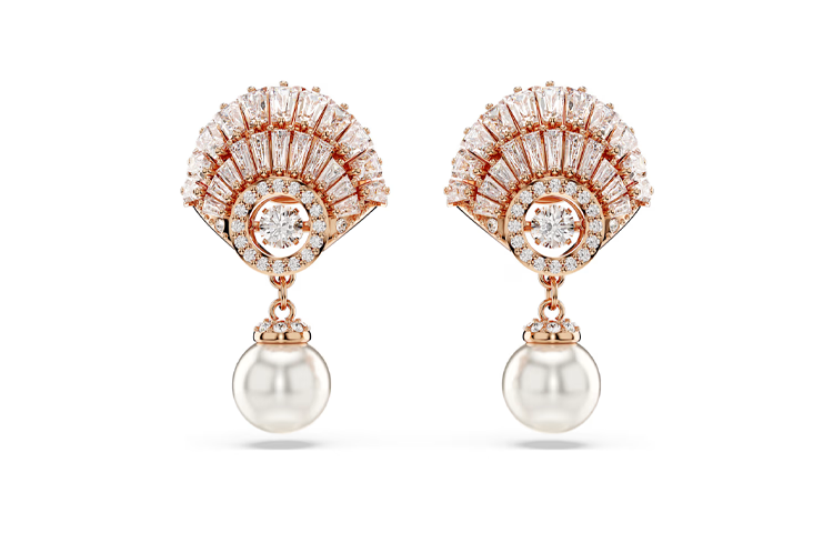 (Women) Swarovski  Rose Gold Shell Earrings with Crystals & Simulated Pearls. 5689196