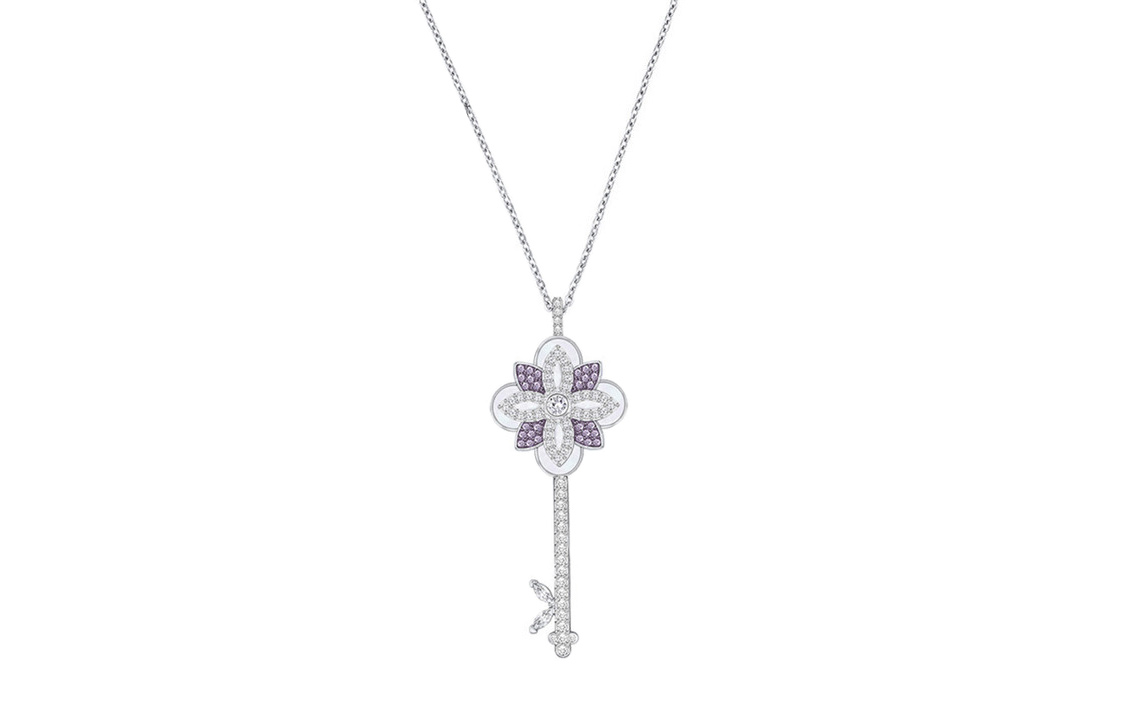 (Women) Swarovski  Silver Long Necklace with Purple Flower & Mother-of-Pearl Crystal. 5256233