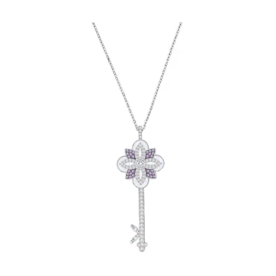 (Women) Swarovski Silver Long Necklace with Purple Flower & Mother-of-Pearl Crystal. 5256233