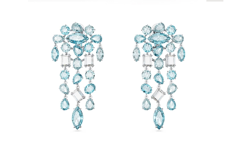 (Women) Swarovski Blue Crystal Earrings for Women with Mixed-Cut and Platinum Plating. 5666015