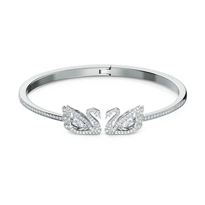 (Women) Swarovski Dancing Swan Open Bangle Silver Bracelet Size S. 5520713