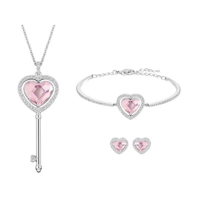 (Women) Swarovski Engaged Fashion Heart Earrings Bracelet Necklace Set Pink for Women. 5225370