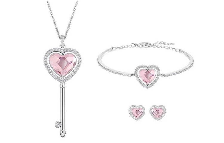 Order (W) Swarovski 粉色時尚愛心耳環手鍊項鍊套組 女士專屬配飾 5225370