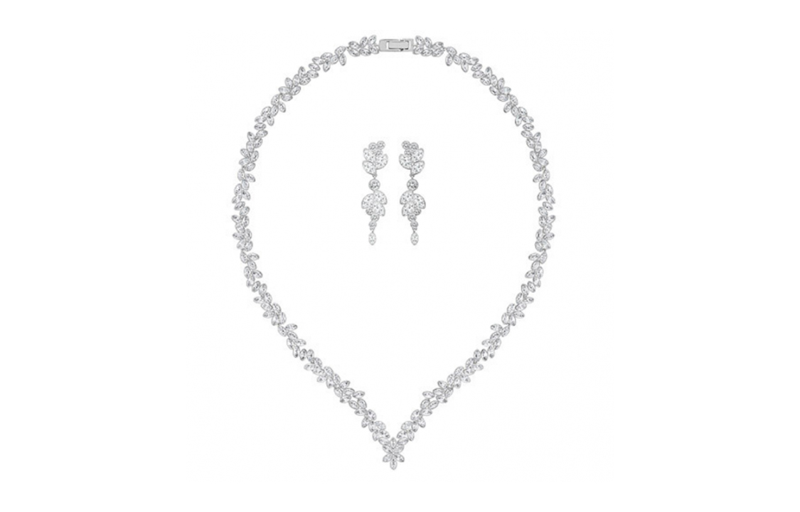 (Women) Swarovski Floral Crystal Necklace and Earrings Set for Women - Silver. 5142738