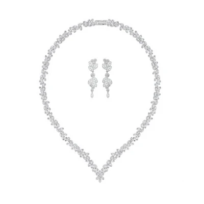 (Women) Swarovski Floral Crystal Necklace and Earrings Set for Women - Silver. 5142738