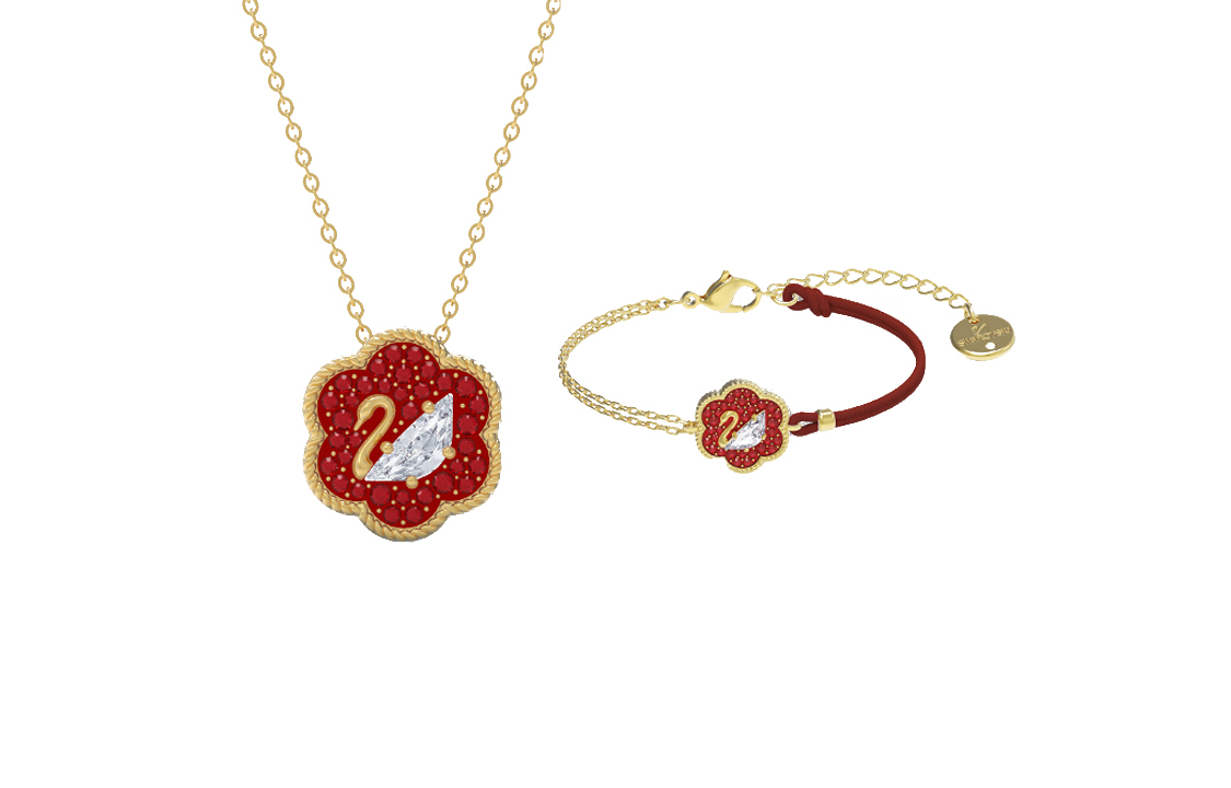 (Women) Swarovski Flower of Fortune Necklace & Bracelet Set Women Gold/Red. ES2020121401