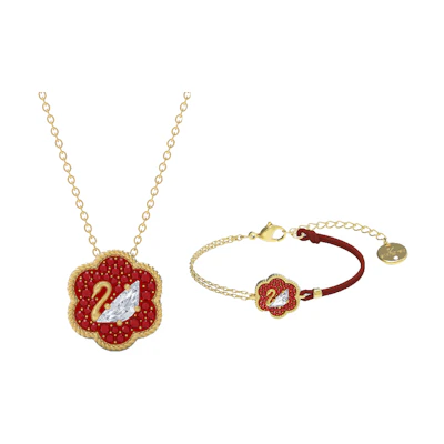 (Women) Swarovski Flower of Fortune Necklace & Bracelet Set Women Gold/Red. ES2020121401