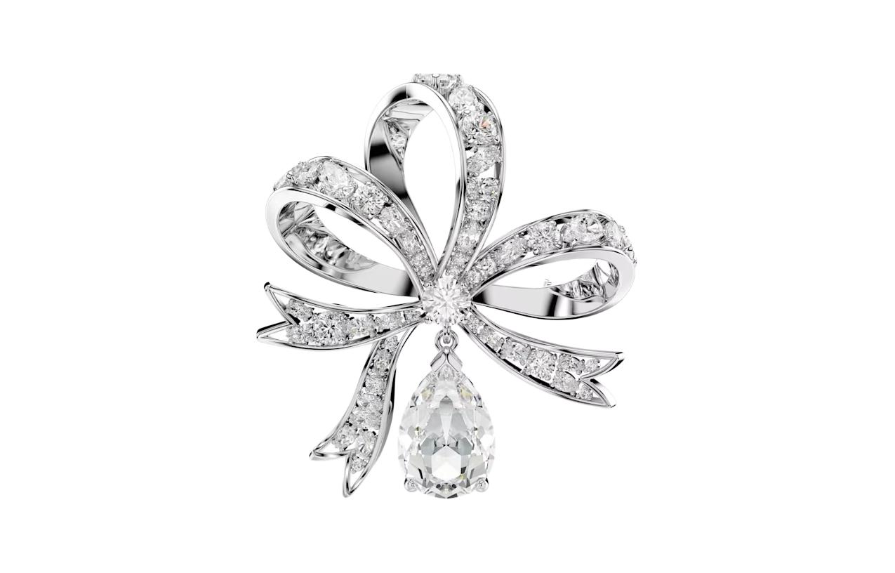(Women) Swarovski Hyperbola Bow-Shaped Cubic Zirconia Brooch for Women - Silver. 5680678
