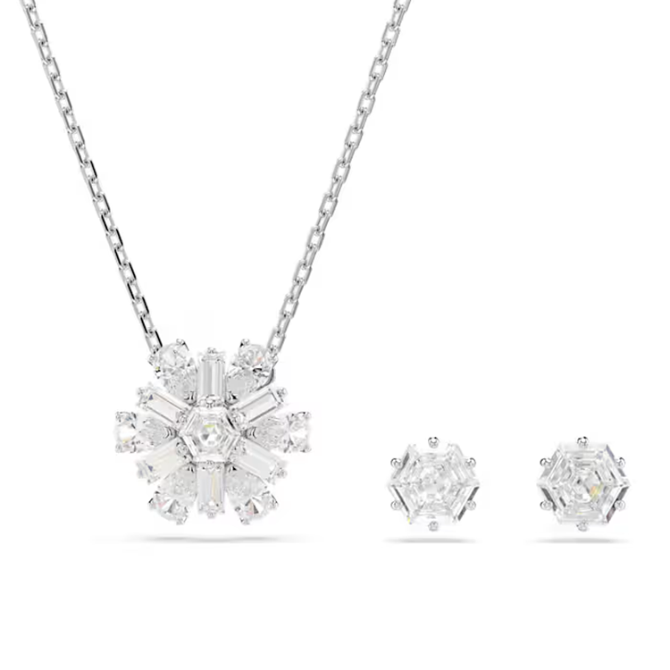 (Women) Swarovski Idyllia Snowflake Set Rhodium Necklace & Earrings for Women - Silver 5691486