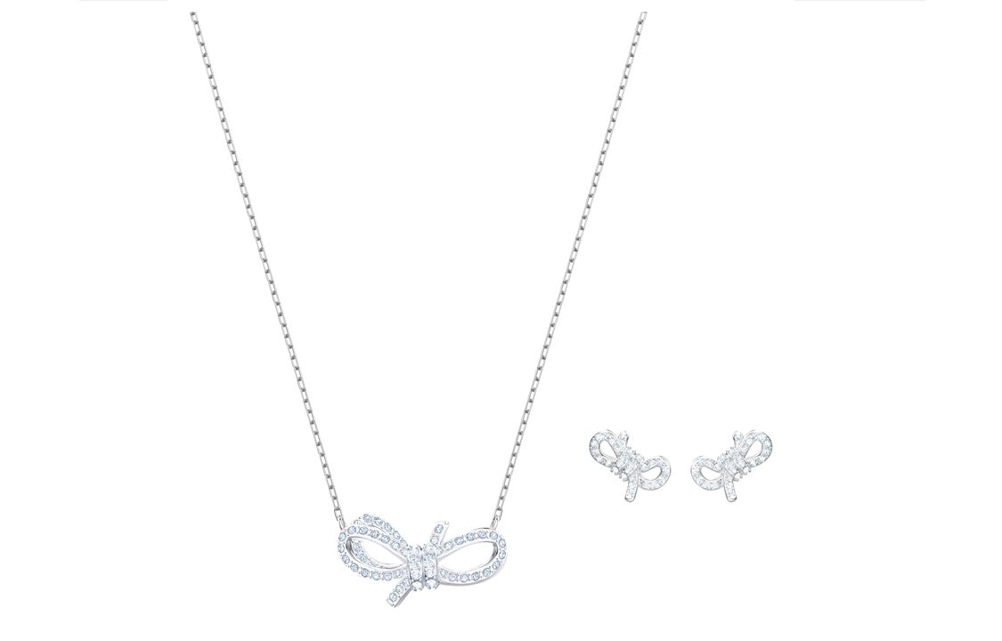 (Women) Swarovski Lifelong Bow Rhodium-Plated Necklace & Earrings Set for Women - White 5470594