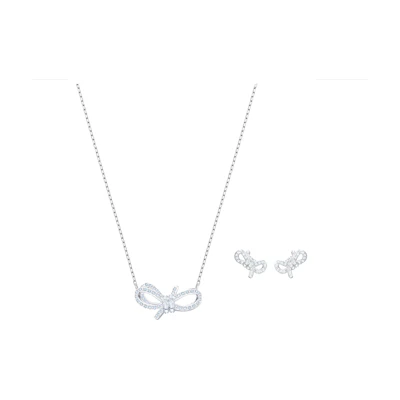(Women) Swarovski Lifelong Bow Rhodium-Plated Necklace & Earrings Set for Women - White 5470594