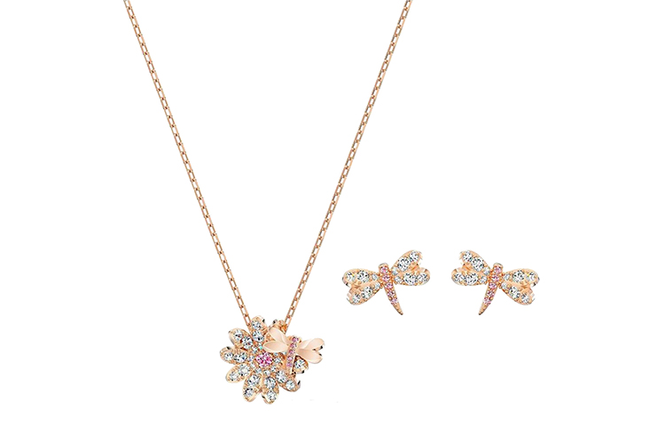 Order (W) 施華洛世奇愛之花園粉色花朵蜻蜓項鍊耳環套裝 5518141
