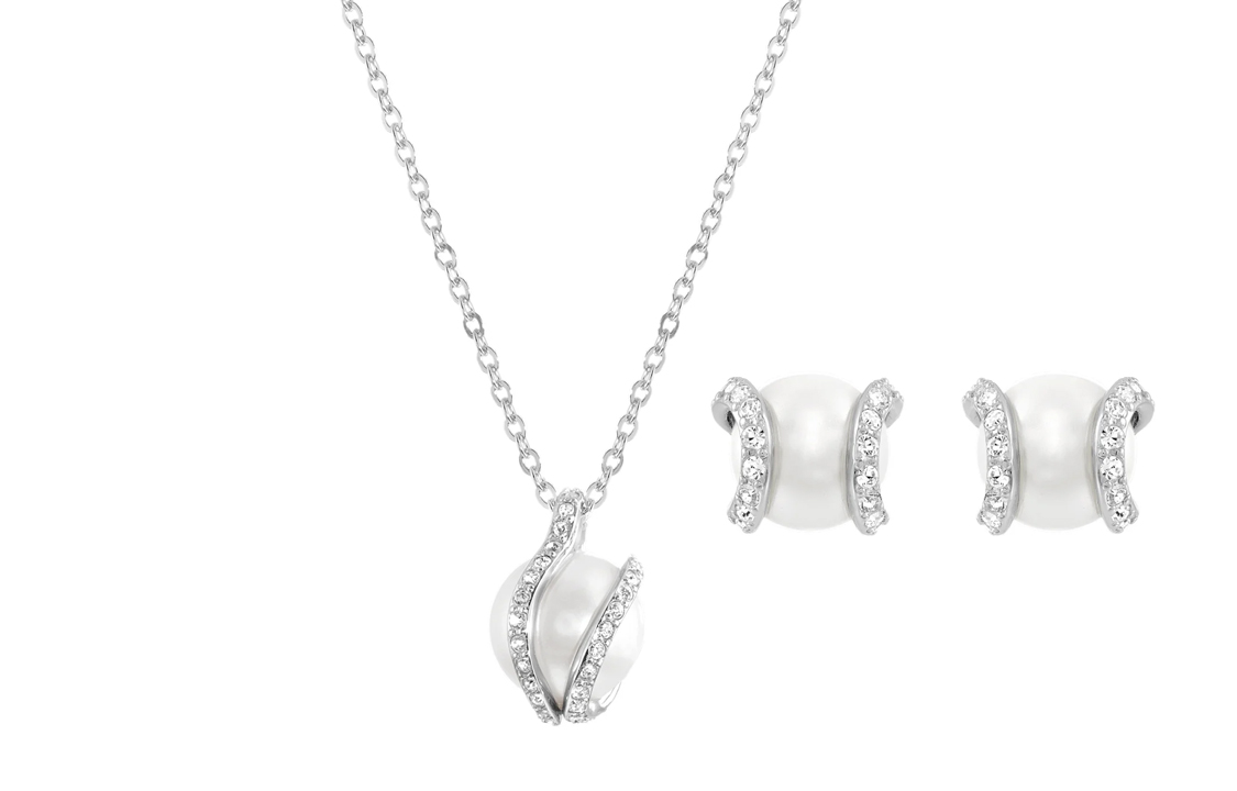 (Women) Swarovski Nude Crystal Pearl Necklace and Earrings Set for Women. 5528964