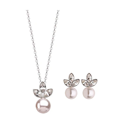 (Women) Swarovski Pearl Flower Crystal Necklace & Earrings Set for Women - Silver 5112152