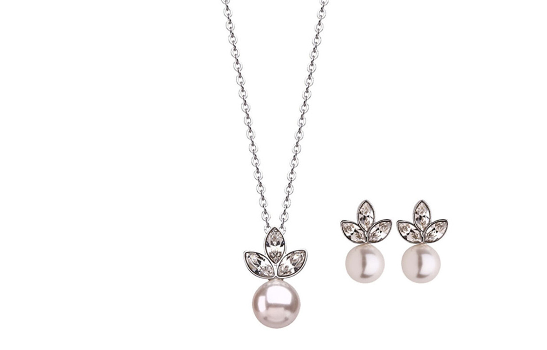 (Women) Swarovski Pearl Flower Crystal Necklace & Earrings Set for Women - Silver 5112152 圖 2