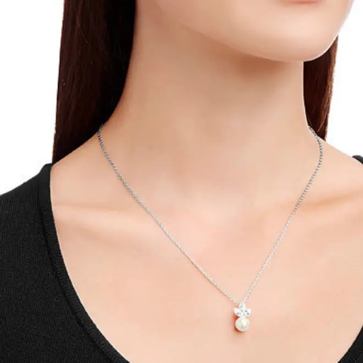 (Women) Swarovski Pearl Flower Crystal Necklace & Earrings Set for Women - Silver 5112152 圖 3