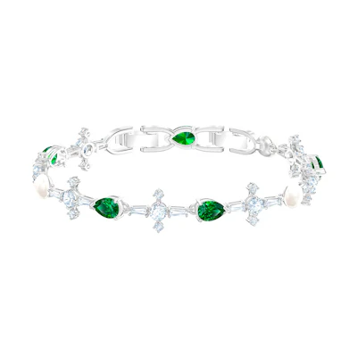 (Women) Swarovski Perfection Green Gemstone Pearl Bracelet Elegant Design. 5493102