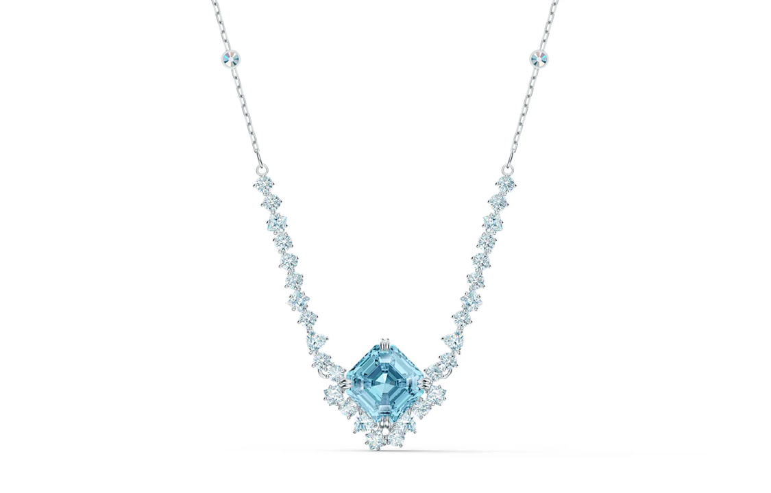 (Women) Swarovski Sparkling Blue Square Crystal Rhodium-Plated Necklace for Women. 5524137