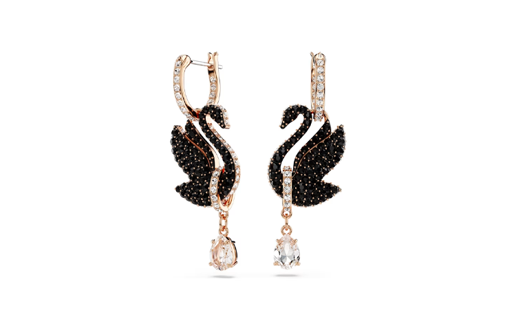 (Women) Swarovski Swan Black Rose Gold-Tone Earrings with Cubic Zirconia for Women. 5678047