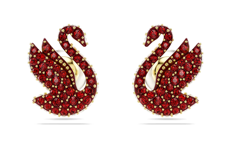 (Women) Swarovski Swan Red Crystal Pearl Gold-Plated Stud Earrings for Women. 5677597