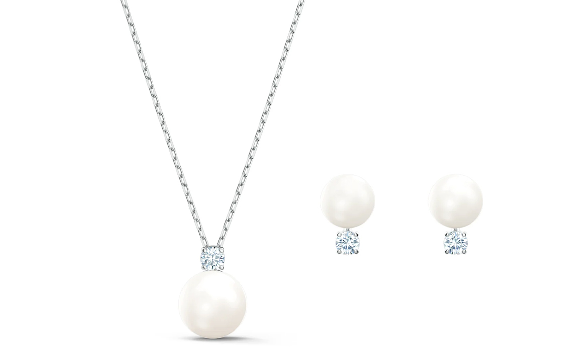 (Women) Swarovski Treasure Pearl Crystal Necklace & Earrings Set Rhodium-Plated White 5569758
