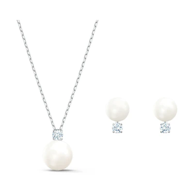 (Women) Swarovski Treasure Pearl Crystal Necklace & Earrings Set Rhodium-Plated White 5569758