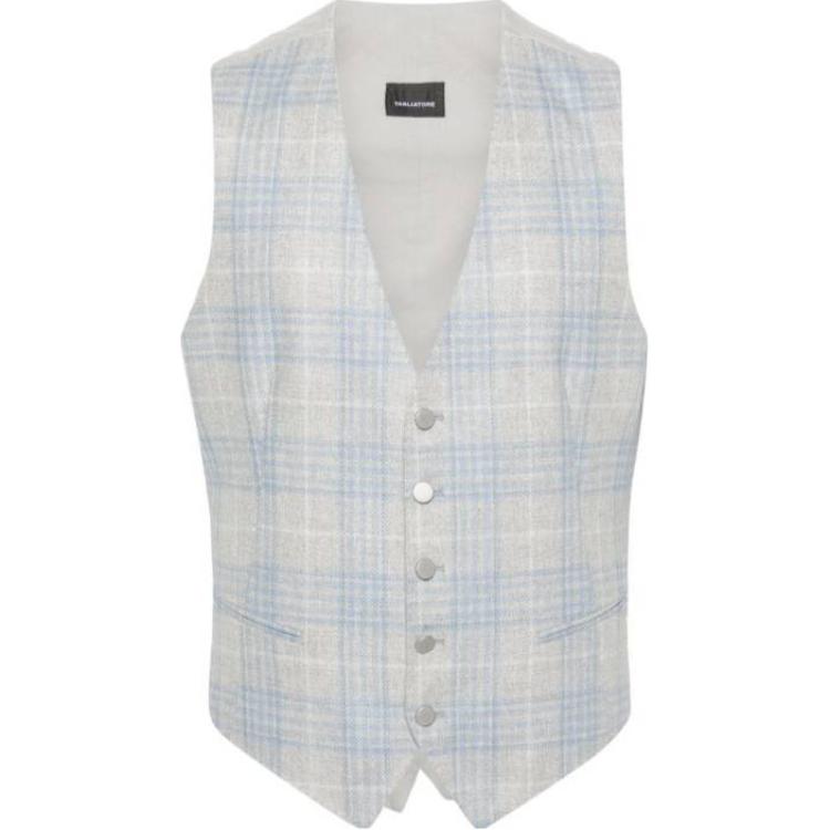 Tagliatore Blue-Grey Checked V-Neck Single-Breasted Sleeveless Vest BRIANNFC90053-I1131