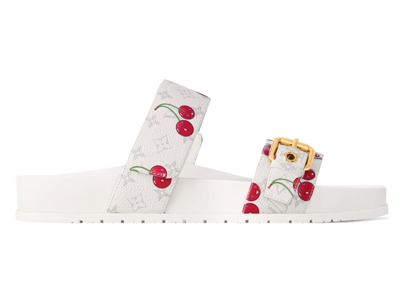 (Women) Takashi Murakami  Louis Vuitton Cherry Bom Dia Flat Comfort Mule White Monogram Cherry 1AHLZ7