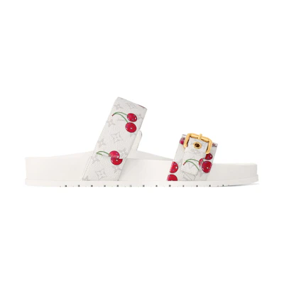 (W) Takashi Murakami LV Cherry Bom Dia Flat CMFT Mule White Monogram Cherry