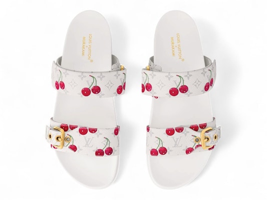 (Women) Takashi Murakami Louis Vuitton Cherry Bom Dia Flat Comfort Mule White Monogram Cherry 1AHLZ7 Lookbook (Women) Takashi Murakami Louis Vuitton Cherry Bom Dia Flat Comfort Mule White Monogram Cherry 1AHLZ7