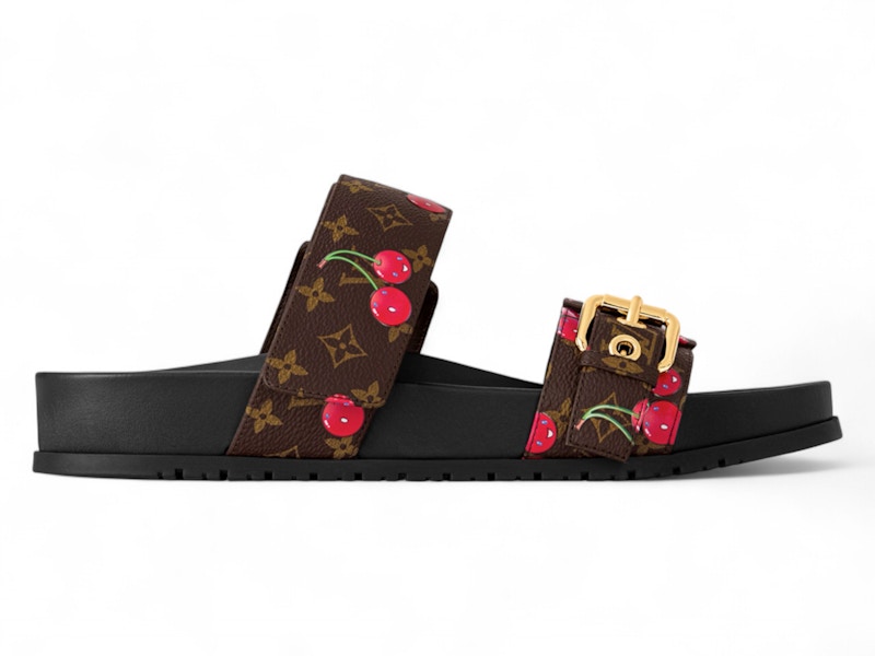 (Women) Takashi Murakami x Louis Vuitton Cherry Bom Dia Flat Comfort Mule Brown Monogram Cherry 1AHM03