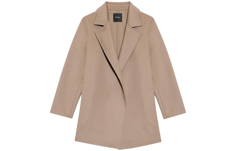 (Women) THEORY  Camel Solid Lapel Collar Open Front Coat K0701412-TSI