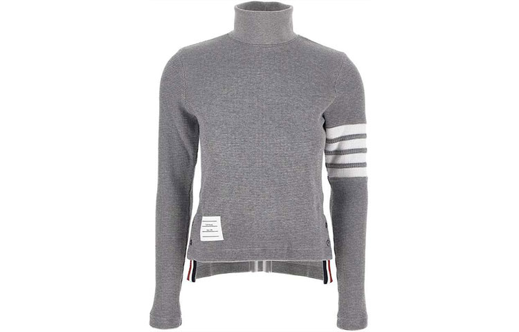 (Women) THOM BROWNE 4-Stripe Cotton High-Neck Cropped Sweater Gray SS21. FJS041P-05802-055