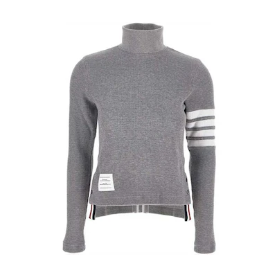 (Women) THOM BROWNE 4-Stripe Cotton High-Neck Cropped Sweater Gray SS21. FJS041P-05802-055