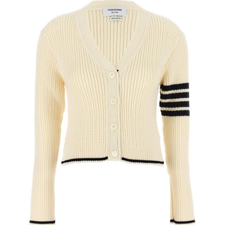 (Women) Thom Browne  Beige Cable Knit Single-Breasted Cardigan Sweater. FKC588A-Y1024-100