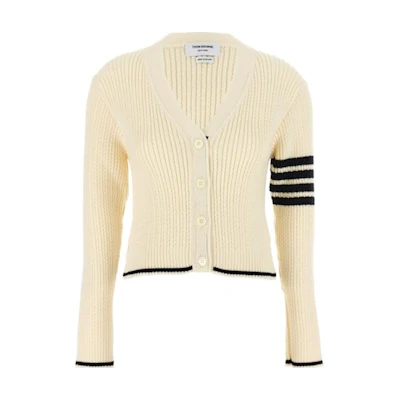 (Women) Thom Browne Beige Cable Knit Single-Breasted Cardigan Sweater. FKC588A-Y1024-100