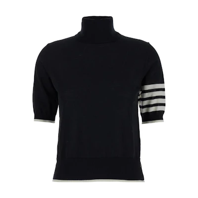 (Women) THOM BROWNE Black Colorblock Stripe Knit Turtleneck Short Sleeve Sweater FKA434D-Y1014-001