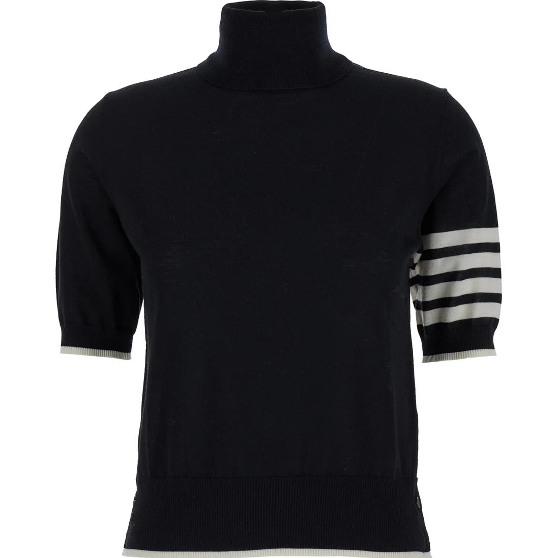 Order (W) THOM BROWNE 黑色撞色條紋針織高領短袖毛衣 FKA434D-Y1014-001