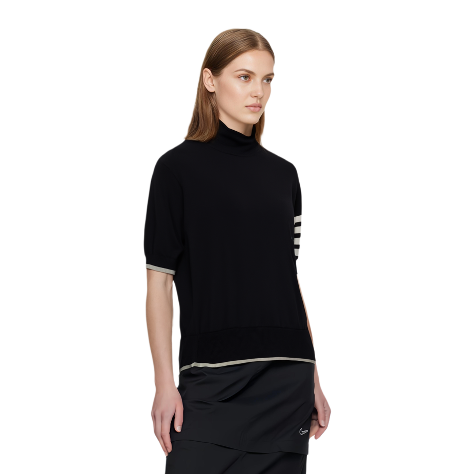 Shop (W) THOM BROWNE 黑色撞色條紋針織高領短袖毛衣 FKA434D-Y1014-001