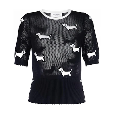 (Women) THOM BROWNE Black Knit Short Sleeve Tee with Animal Graphic. FKA444A-Y3006-415