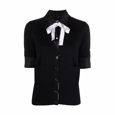 (Women) THOM BROWNE Black Plain Short-Sleeve Button-Up Shirt. FKC537B-Y1014-001
