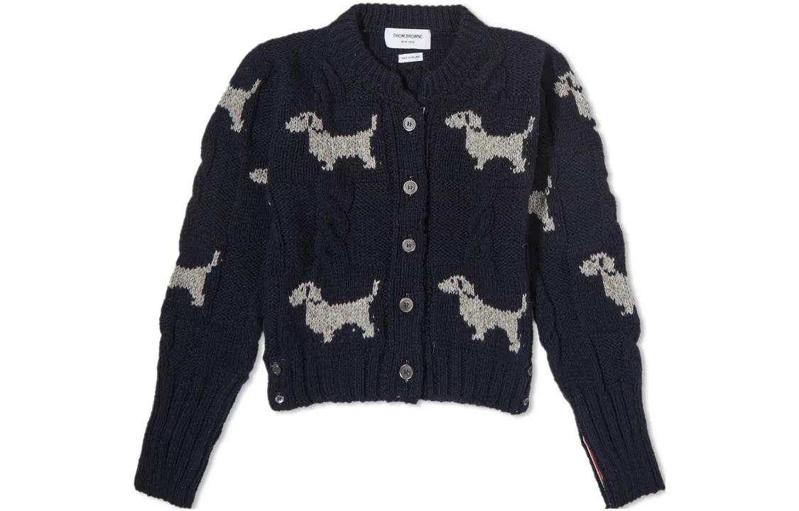 (Women) Thom Browne  Blue Dog Print Mohair Blend Knit Cardigan Sweater FKC542A-Y1506-415