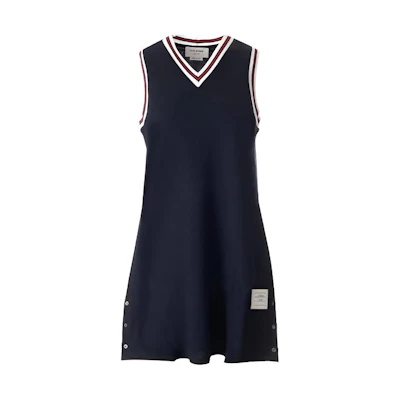 (Women) Thom Browne Blue Striped V-Neck Sleeveless Midi Dress. FJD108A-00050-415