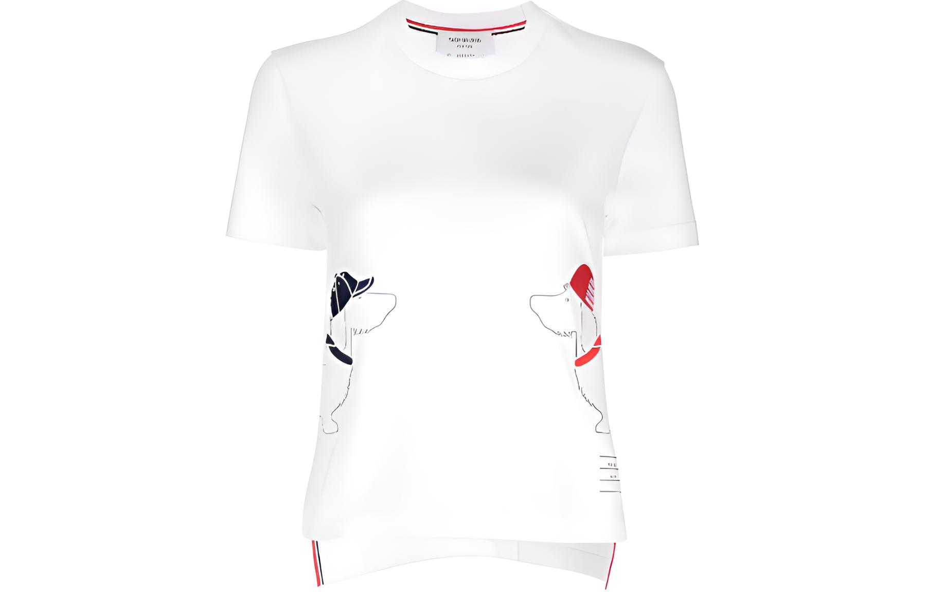 (Women) Thom Browne  Chalk White Dog Embroidery Knit Textured Short Sleeve T-Shirt. FJS167EJ0058