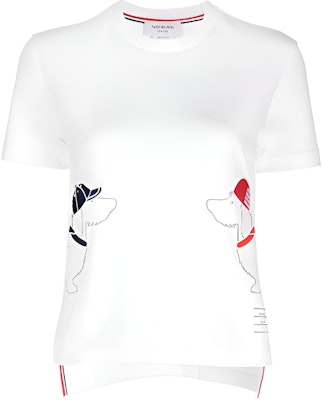 (W) Thom Browne 白色狗刺绣纹理针织短袖T恤 FJS167EJ0058 Buy (W) Thom Browne 白色狗刺绣纹理针织短袖T恤 FJS167EJ0058